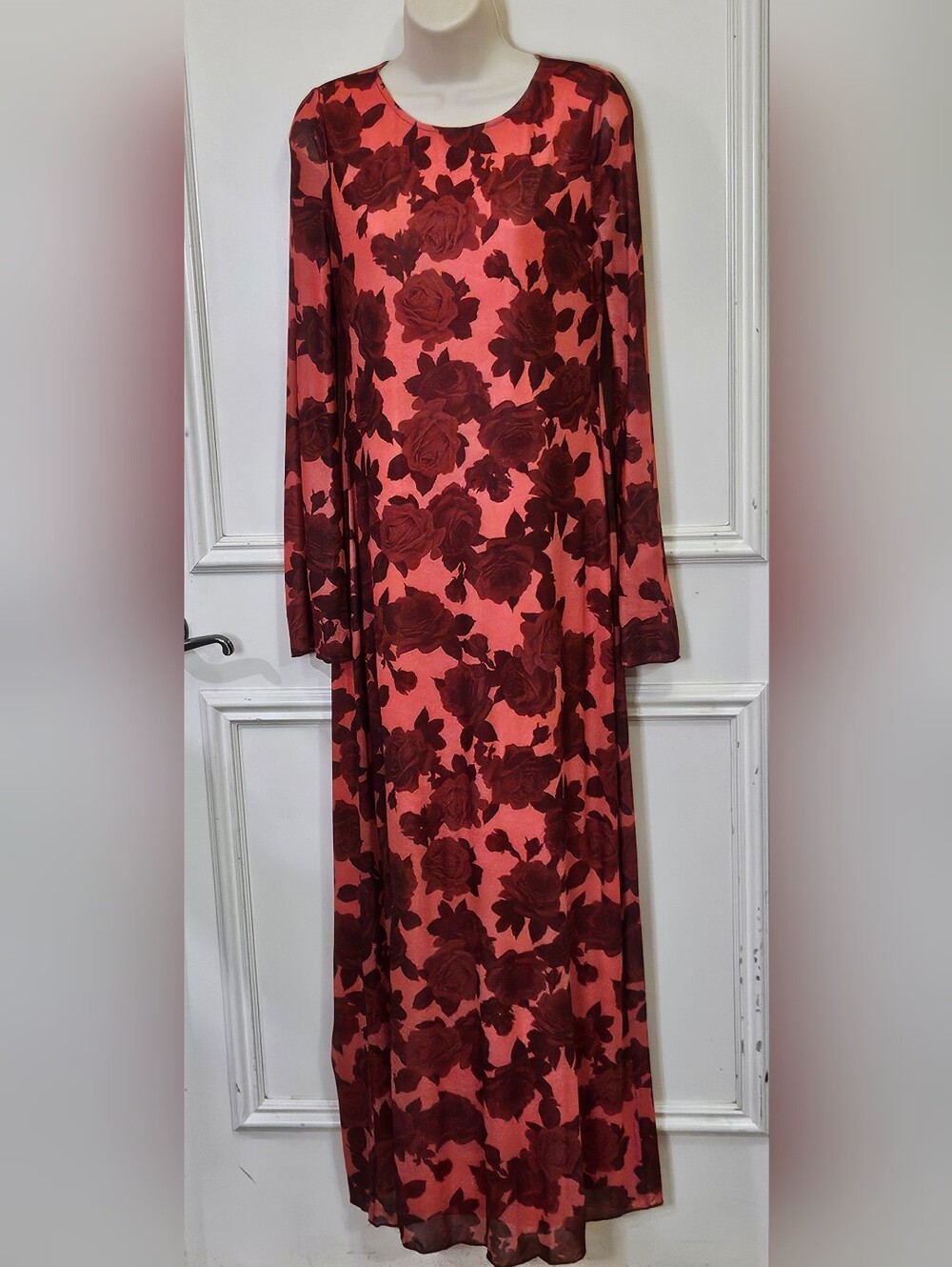 ZOCO Be Right There Red Floral Mesh Overlay Long Sleeve Maxi Dress,Large,NWT
